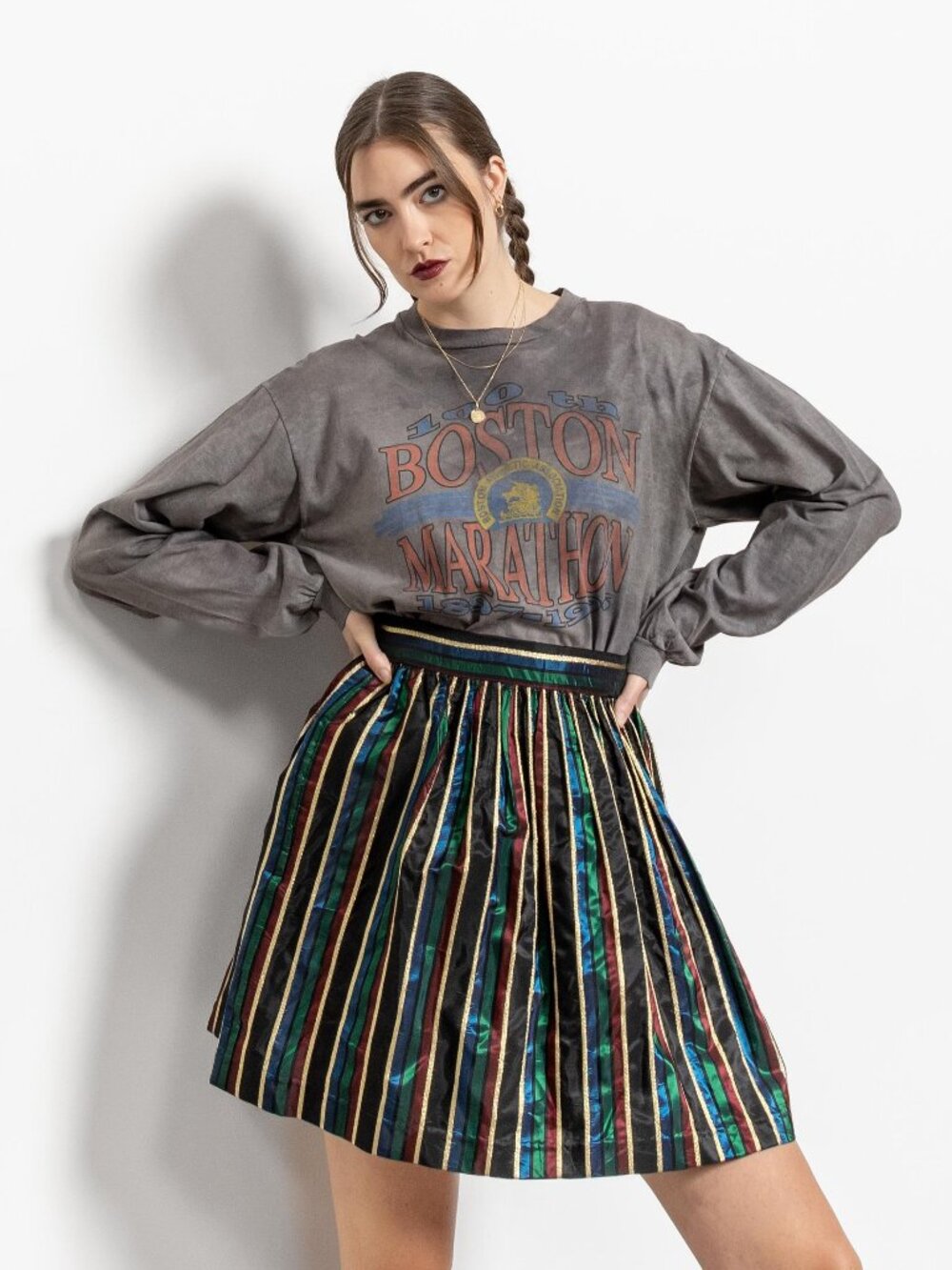 Vintage Pleated Mini Skirt: Striped Acetate with Pockets, Size Medium / 29 Waist